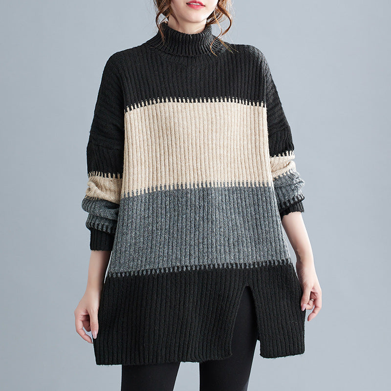 Color Block Oversized Knit Blouse for Comfortable Style