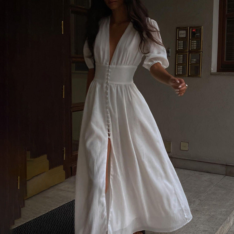 V-neck Clarice Dress with Front Slit for Elegant Style