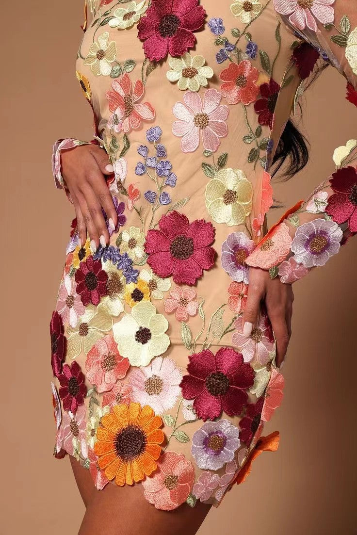 Floral Embroidered Short Dress with Long Sleeves