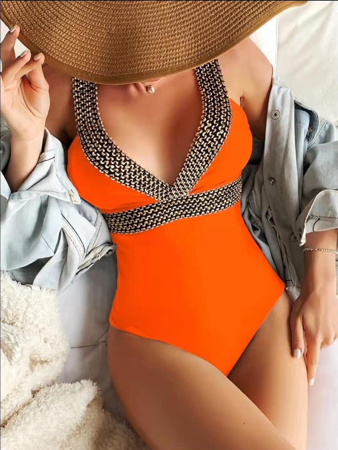V-Neck Swimsuit Featuring Elegant Gold Accents