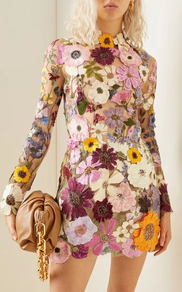 Floral Embroidered Short Dress with Long Sleeves