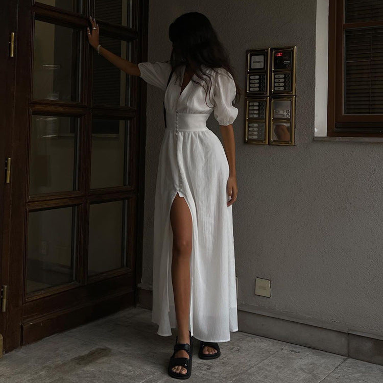 V-neck Clarice Dress with Front Slit for Elegant Style