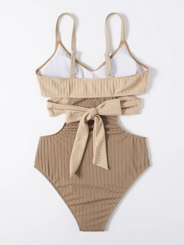 Beige Swimsuit with Crossed Waistband for Stylish Comfort