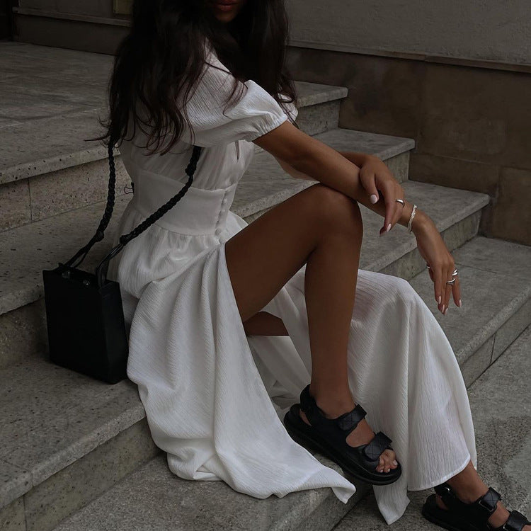 V-neck Clarice Dress with Front Slit for Elegant Style