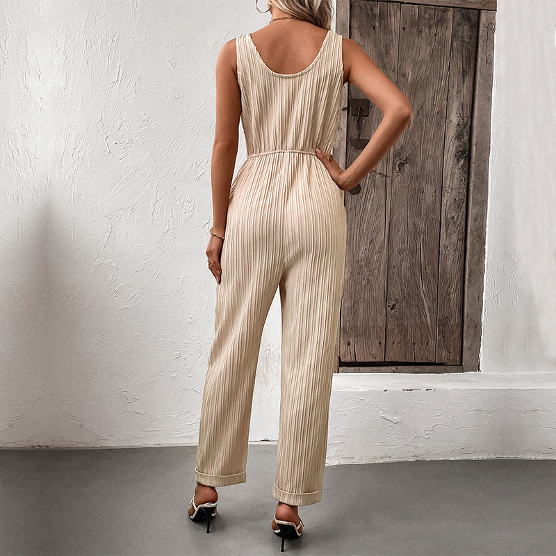 Waist-Tie Pleated Jumpsuit for Effortless Style and Comfort