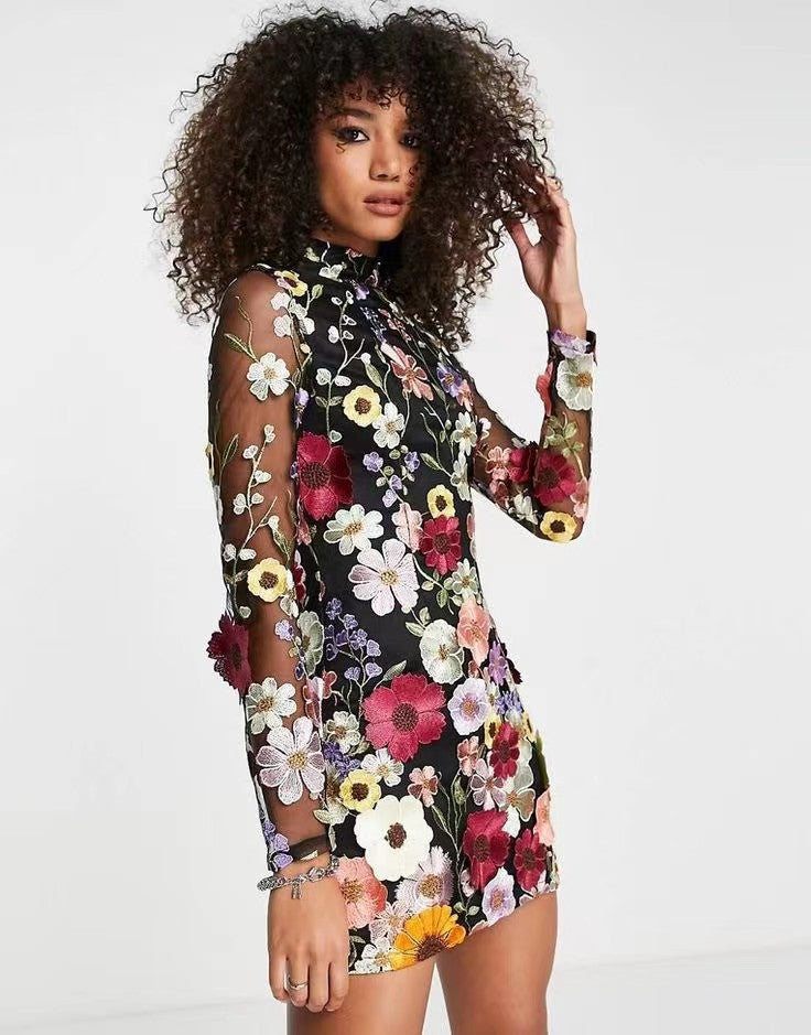 Floral Embroidered Short Dress with Long Sleeves