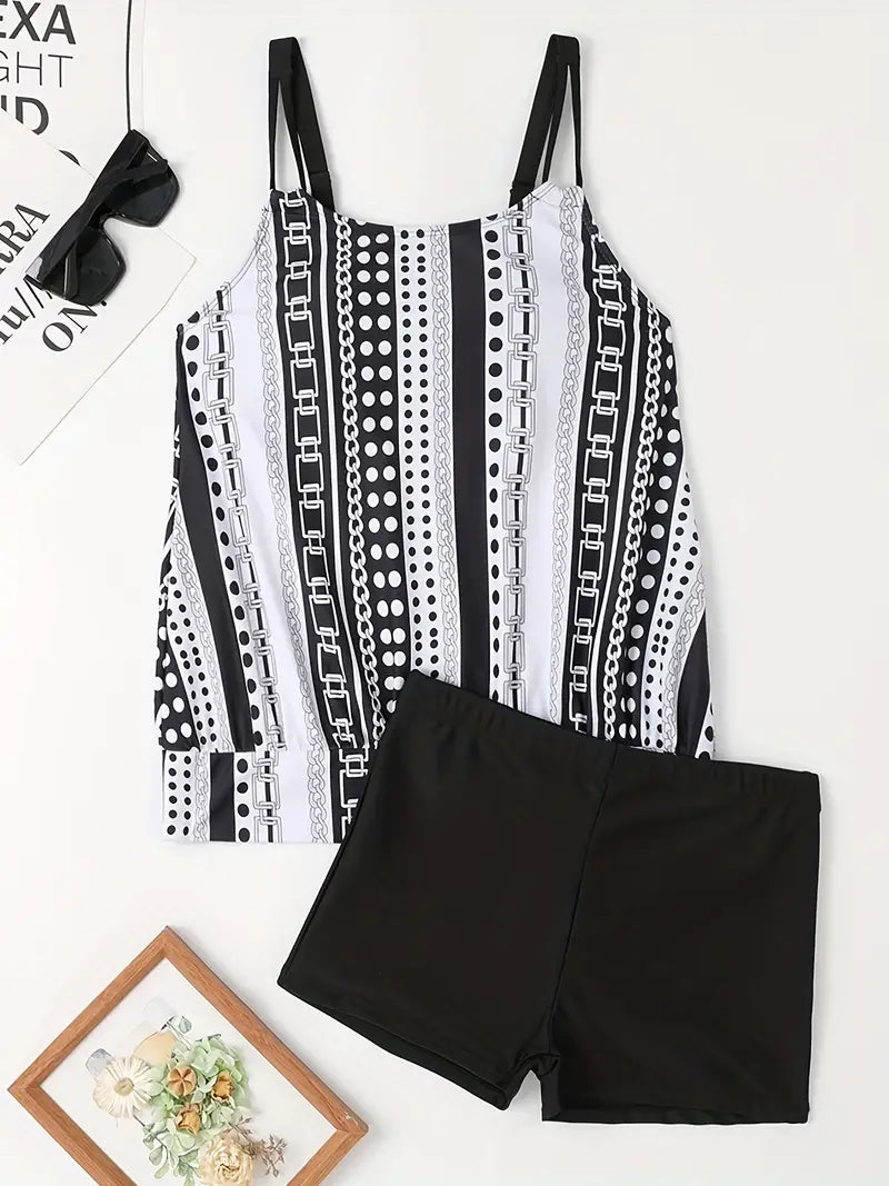Striped and Polka Dot Ivy Tankini with High Elasticity