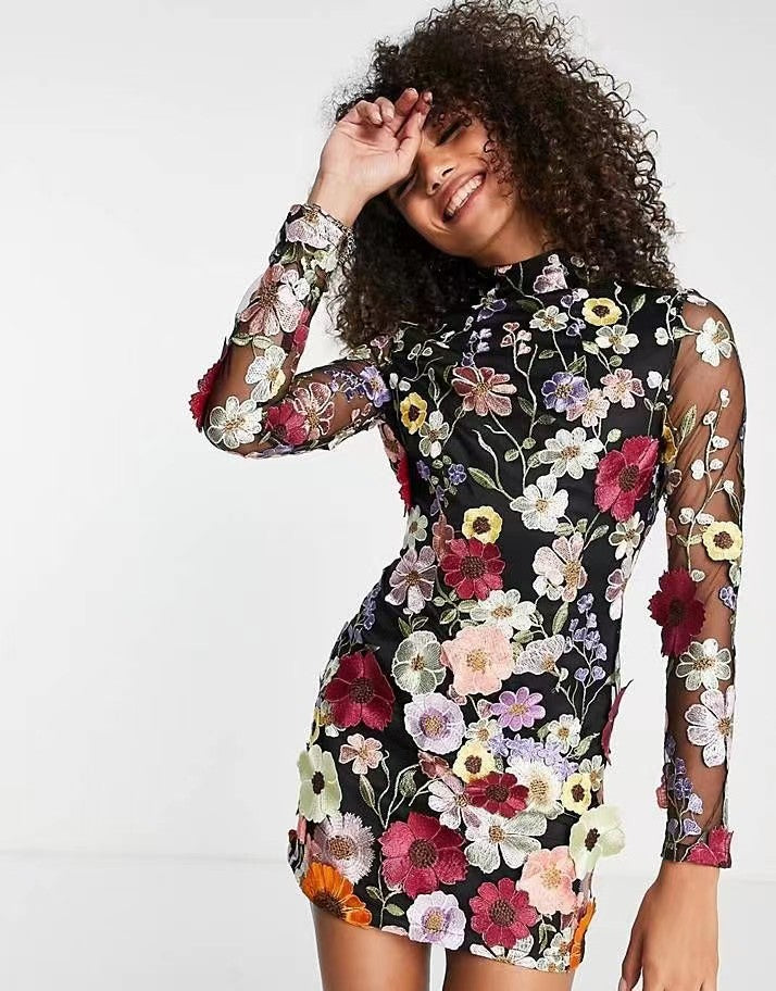Floral Embroidered Short Dress with Long Sleeves