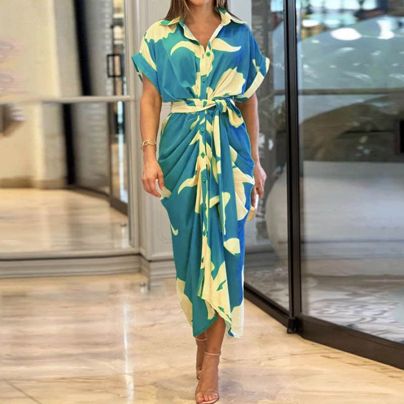 Lace Print Midi Shirt Dress with Belted Waist and Short Sleeves