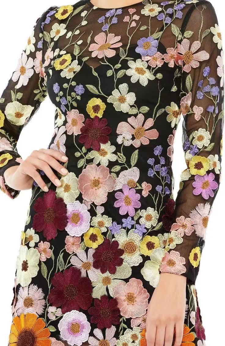 Floral Embroidered Short Dress with Long Sleeves