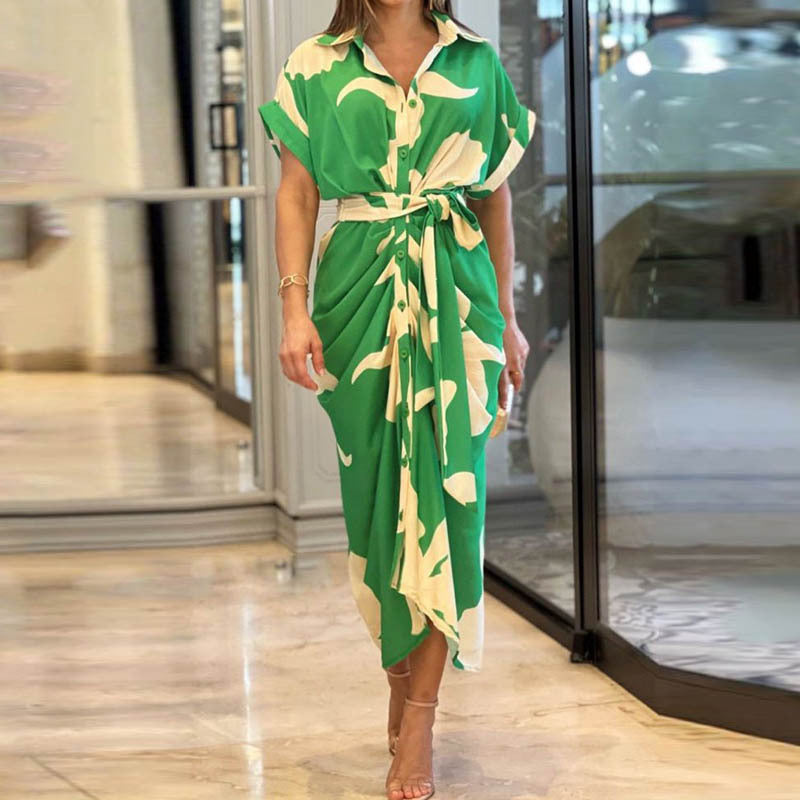 Lace Print Midi Shirt Dress with Belted Waist and Short Sleeves