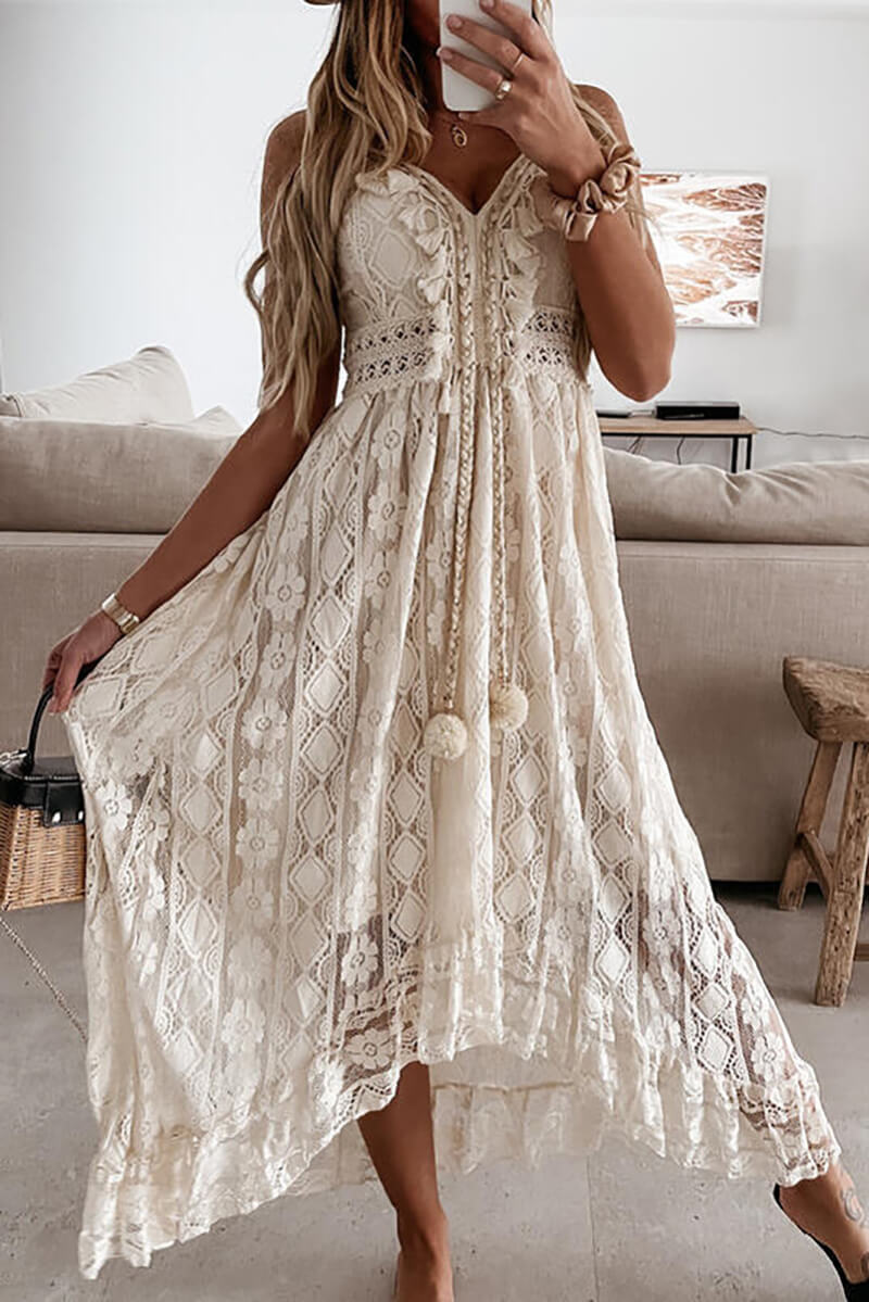 Salmon Pink Ruffled Lace Midi Dress