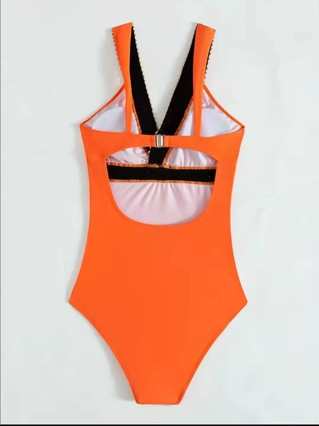 V-Neck Swimsuit Featuring Elegant Gold Accents