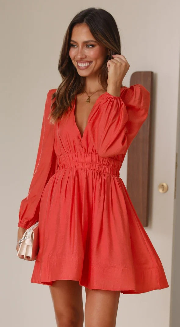 V-Neck Short Dress with Flattering Fit and Elegant Style