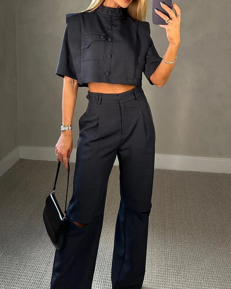 Crop Top and High-Waisted Trousers Set