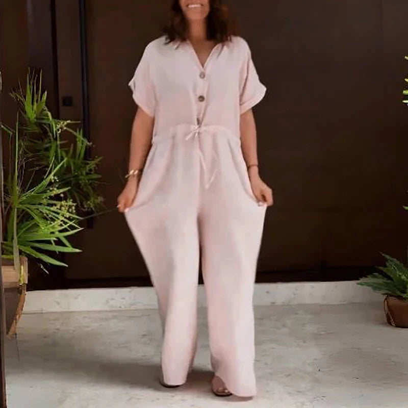 Pink Linen Jumpsuit with Adjustable Straps and Relaxed Fit