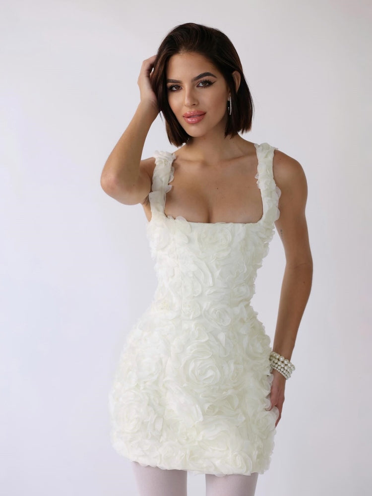 White Floral Appliqué Corset Mini Dress