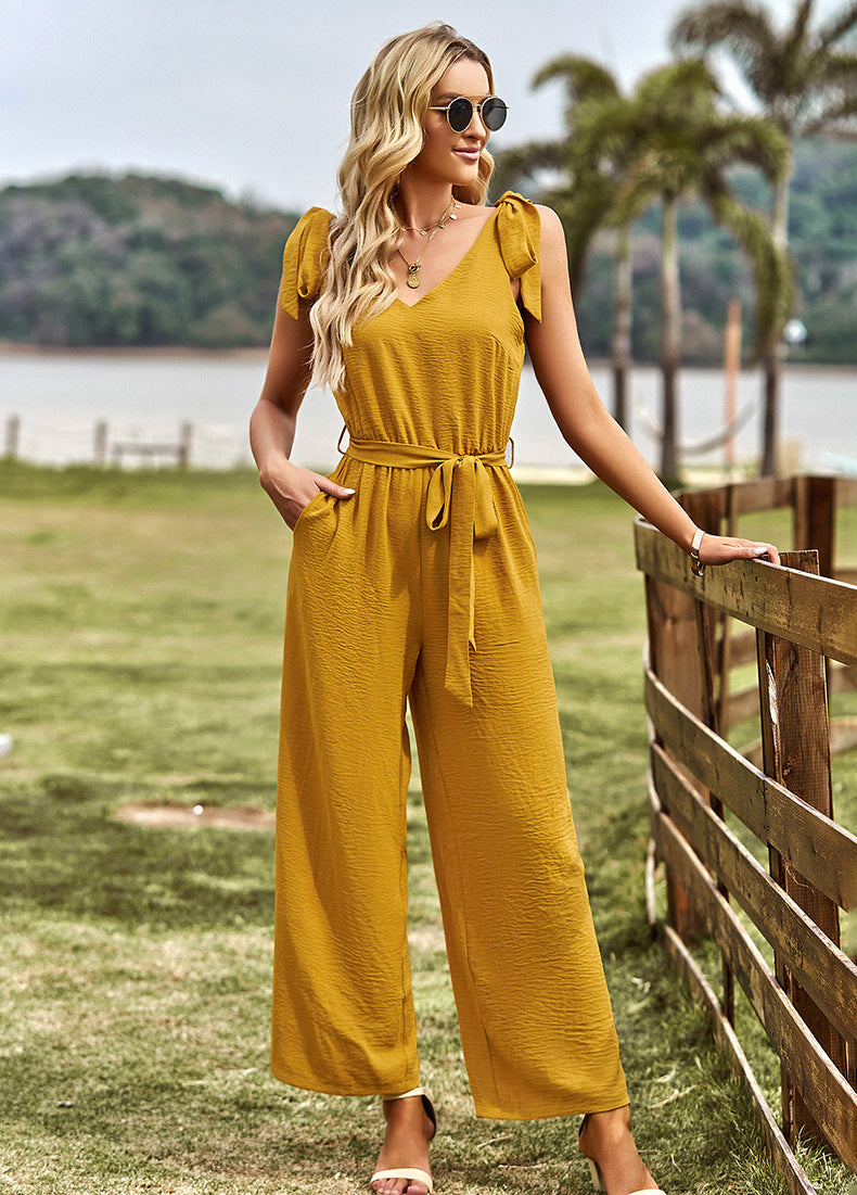 V-Neck Jumpsuit with Knotted Shoulder Straps and Adjustable Belt
