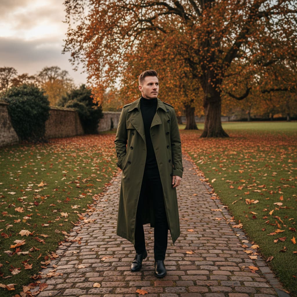 Men's Long Waterproof Trench Coat - Double-Breasted