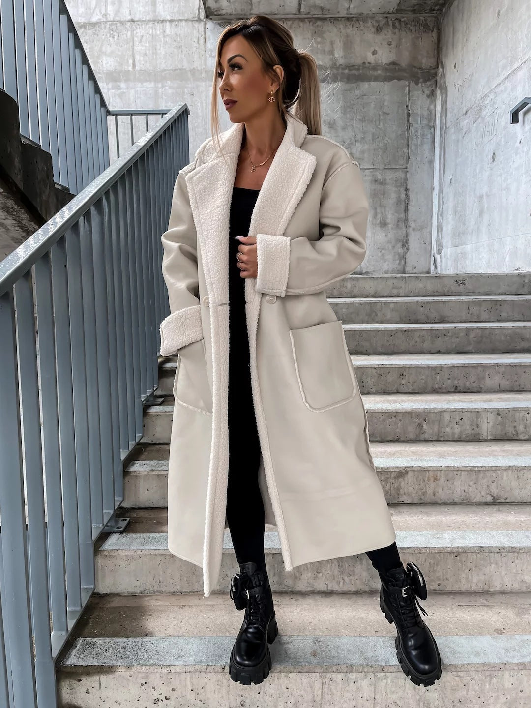 Plush Lined Long Coat in Soft PU Leather