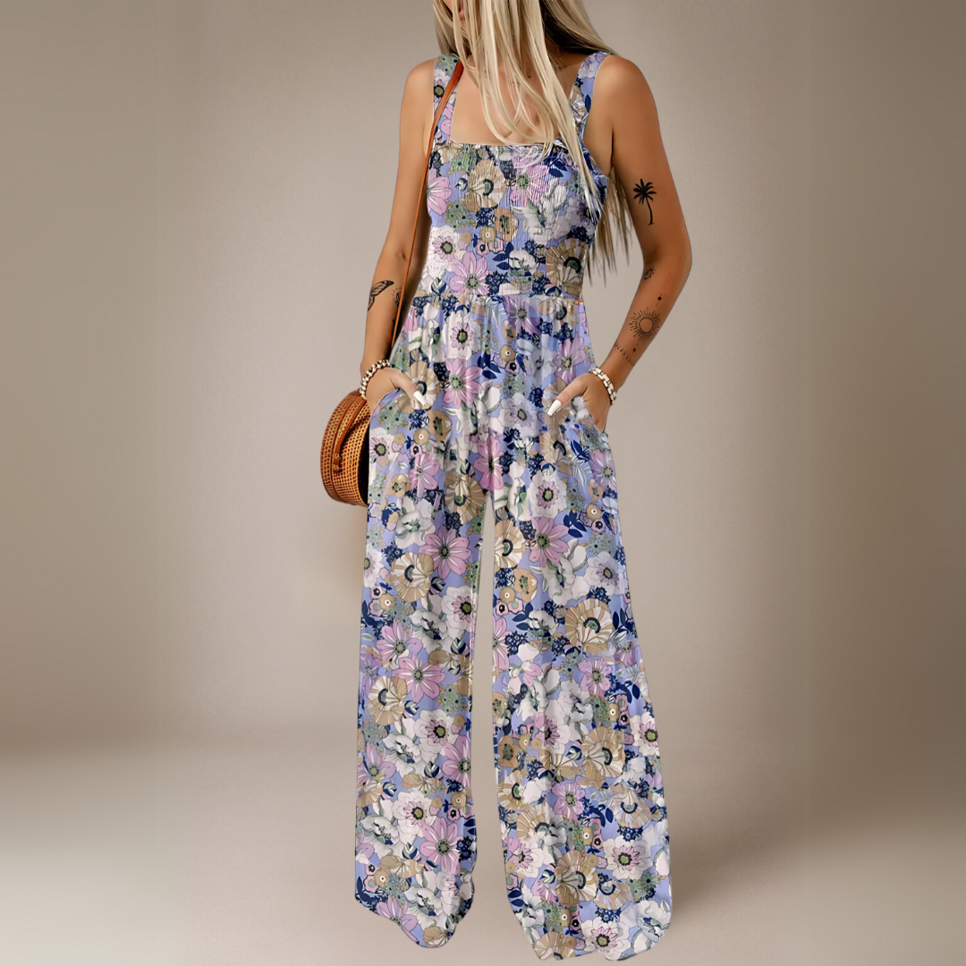 Floral Print Wide Leg Long Jumpsuit