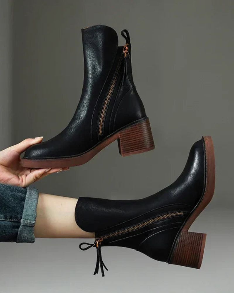 Women's Premium Leather Ankle Boots with Block Heel