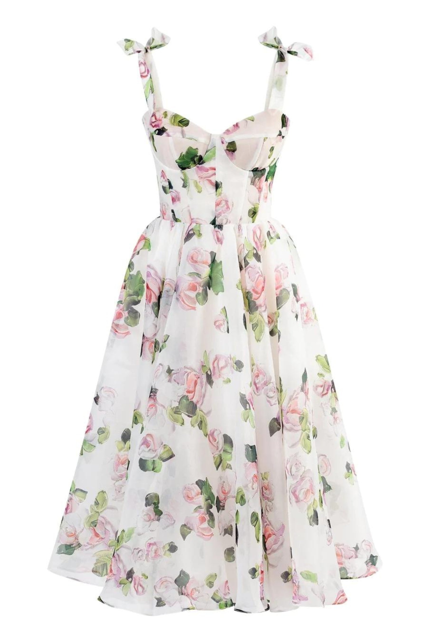Floral Midi Strapless Dress with Flowing Skirt and Elegant Design