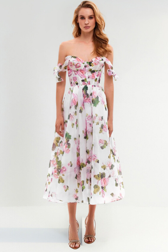 Floral Midi Strapless Dress with Flowing Skirt and Elegant Design