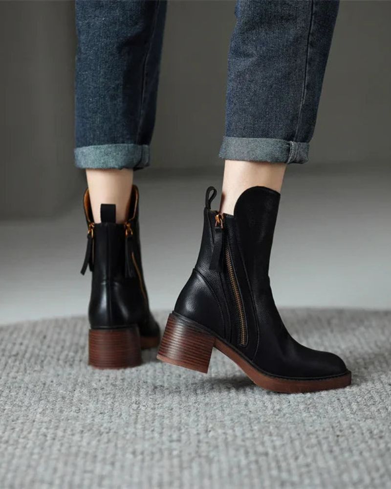 Women's Premium Leather Ankle Boots with Block Heel