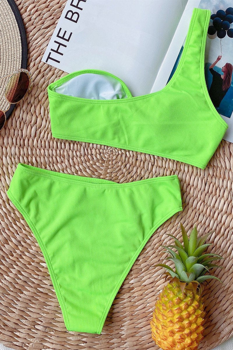 One-Shoulder High-Waisted Bikini Set with Removable Cups