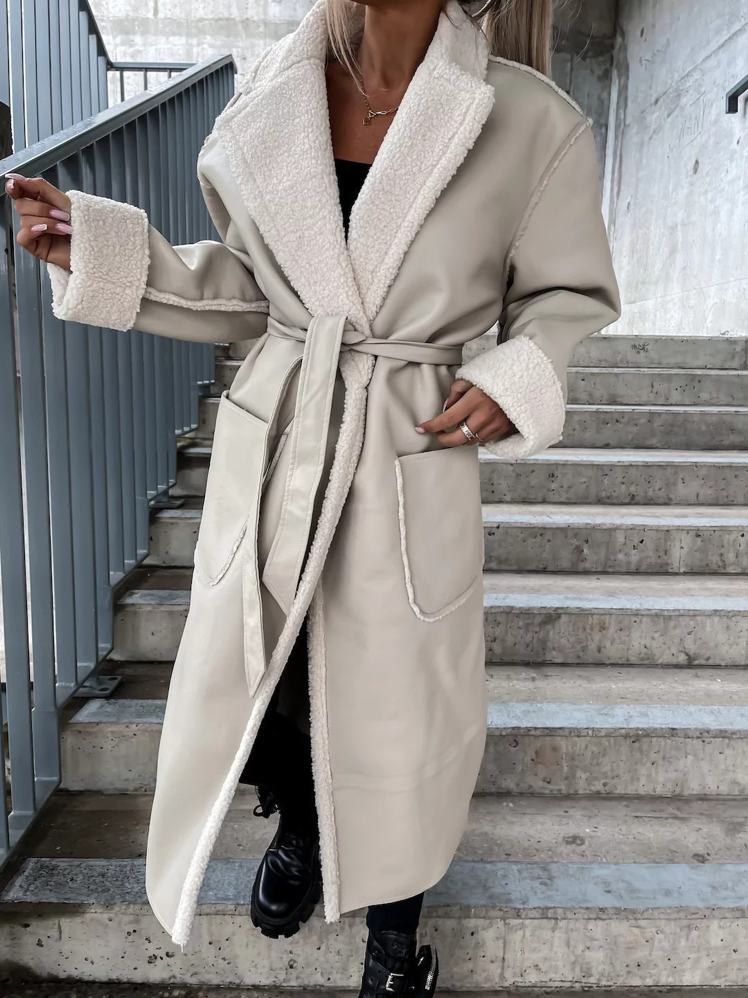 Plush Lined Long Coat in Soft PU Leather