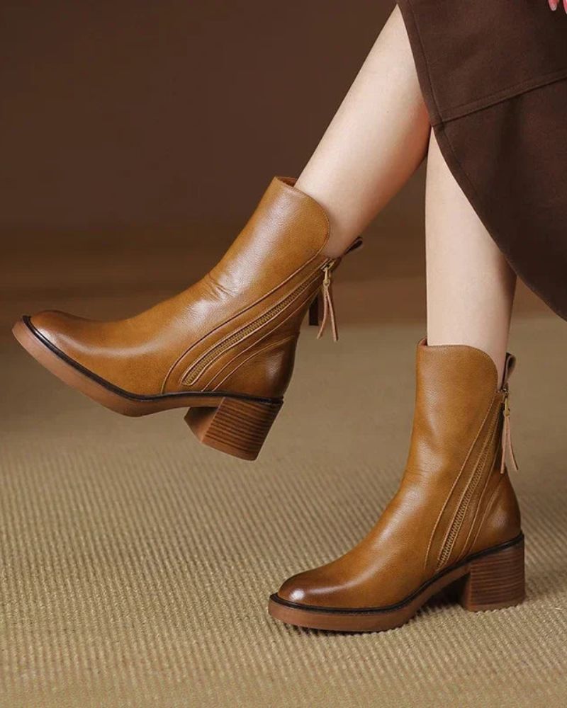 Women's Premium Leather Ankle Boots with Block Heel