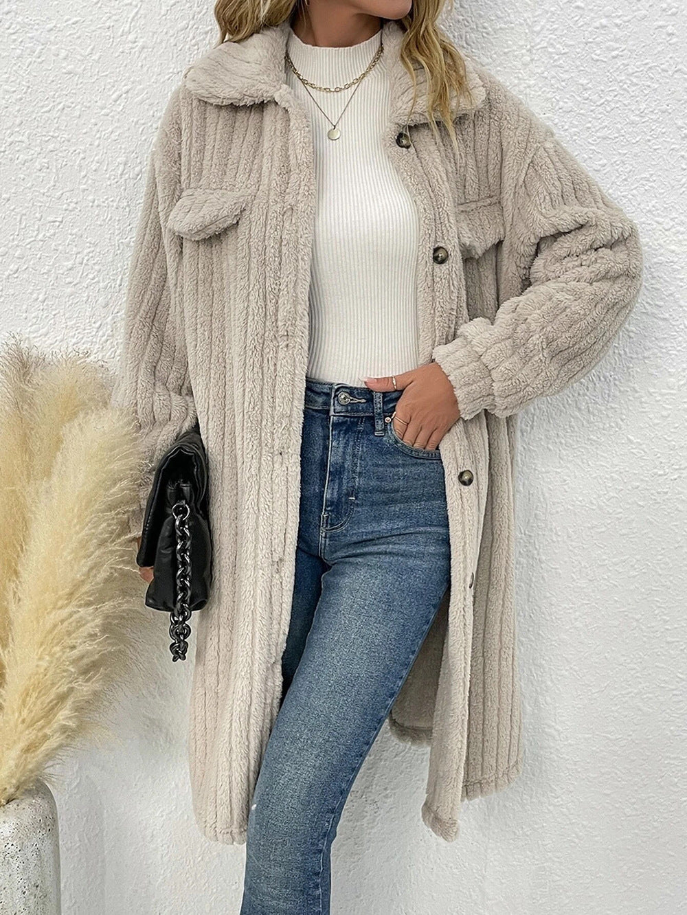 Buttoned Long Teddy Coat for Cozy Comfort
