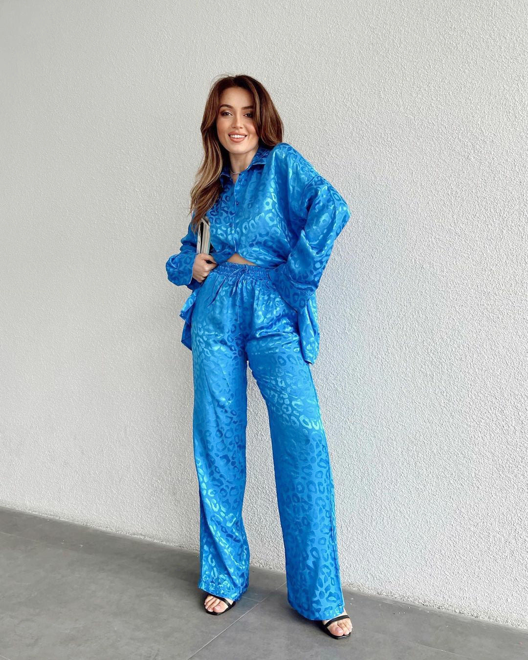 Satin Leopard Print Shirt and Trouser Set