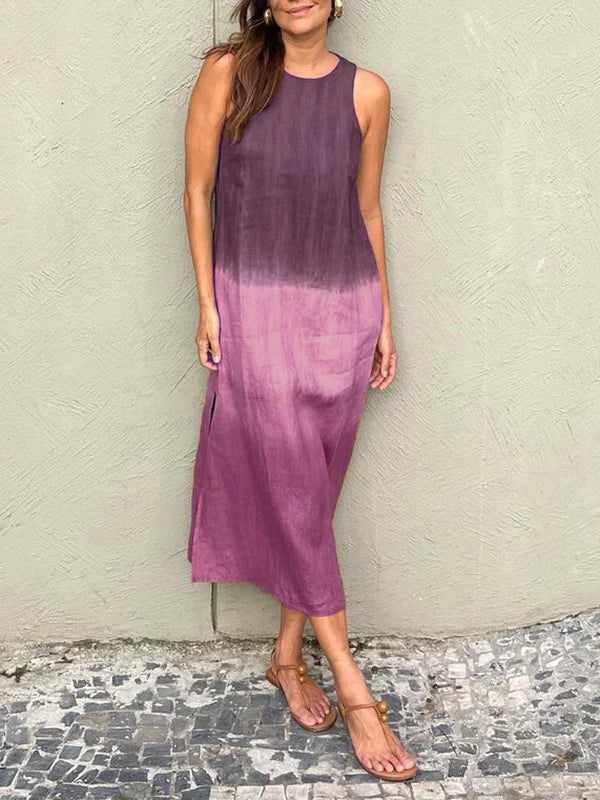 Sleeveless Cotton-Linen Dress with Slit and Tie-Dye Gradient