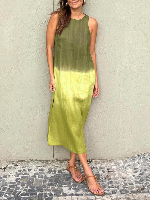 Sleeveless Cotton-Linen Dress with Slit and Tie-Dye Gradient