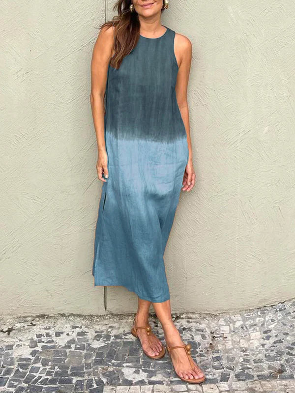 Sleeveless Cotton-Linen Dress with Slit and Tie-Dye Gradient