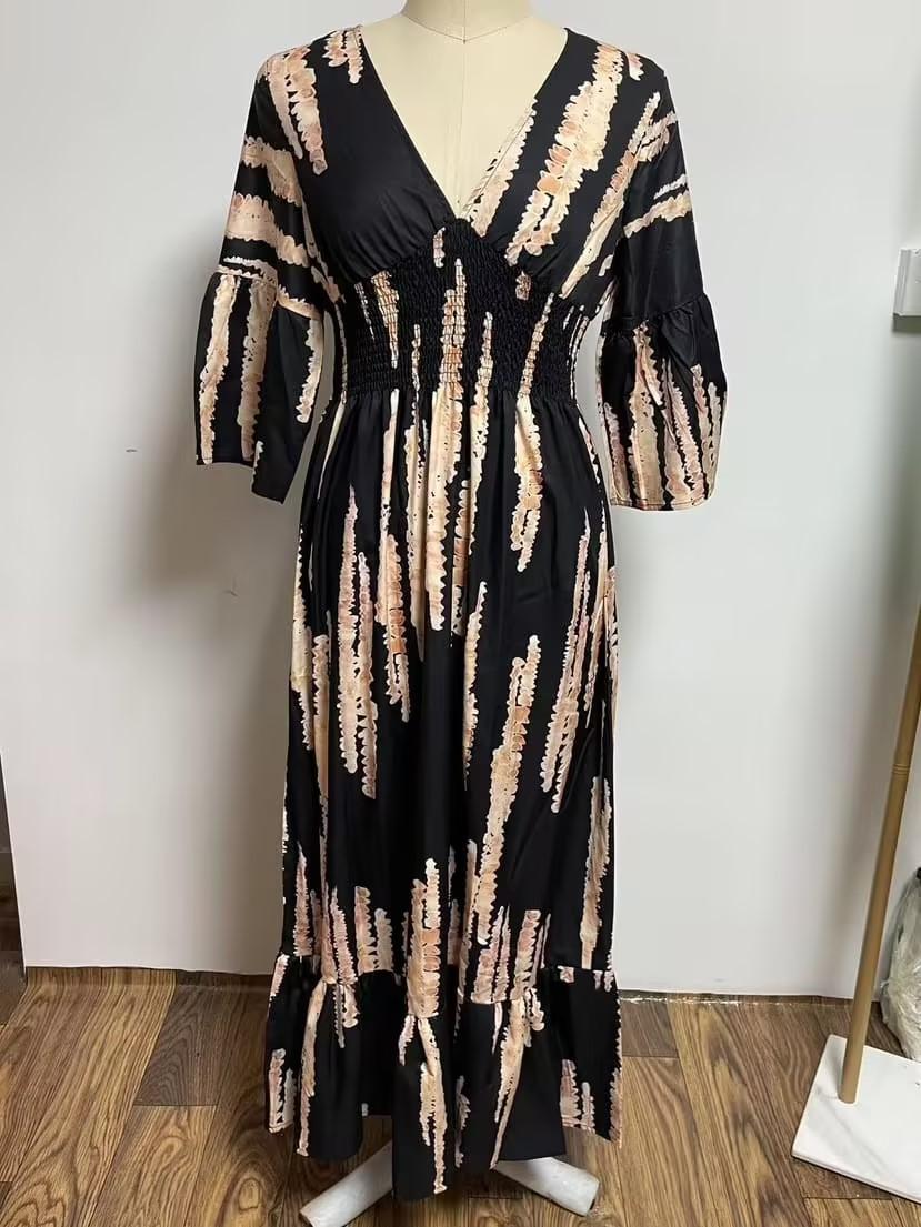 Elegant Long V-Neck Dress in Aurora Color