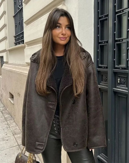 Synthetic Shearling and Leather Outerwear Coat for Warmth and Style