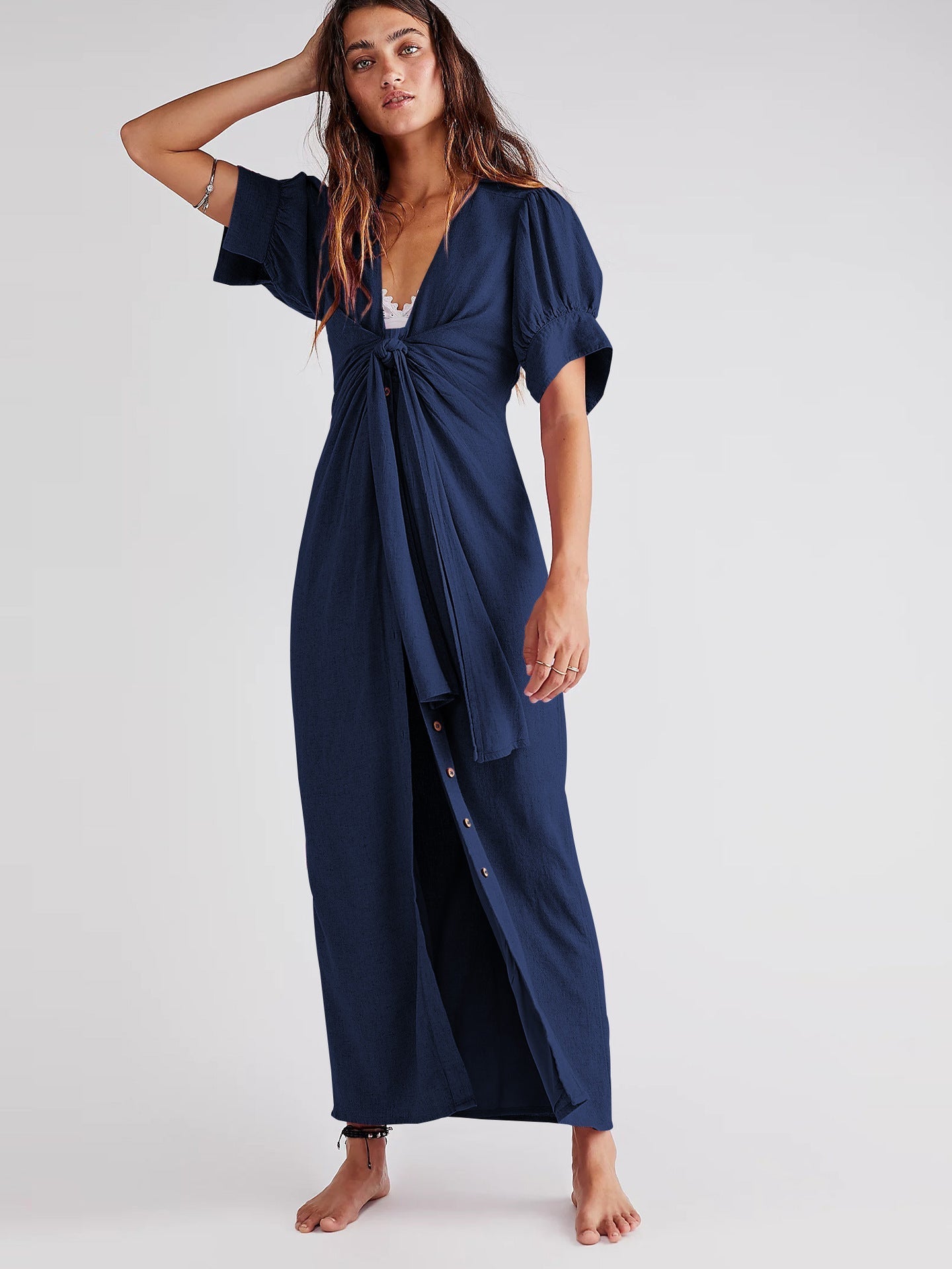 V-Neck Long Dress with Slit for Effortless Elegance