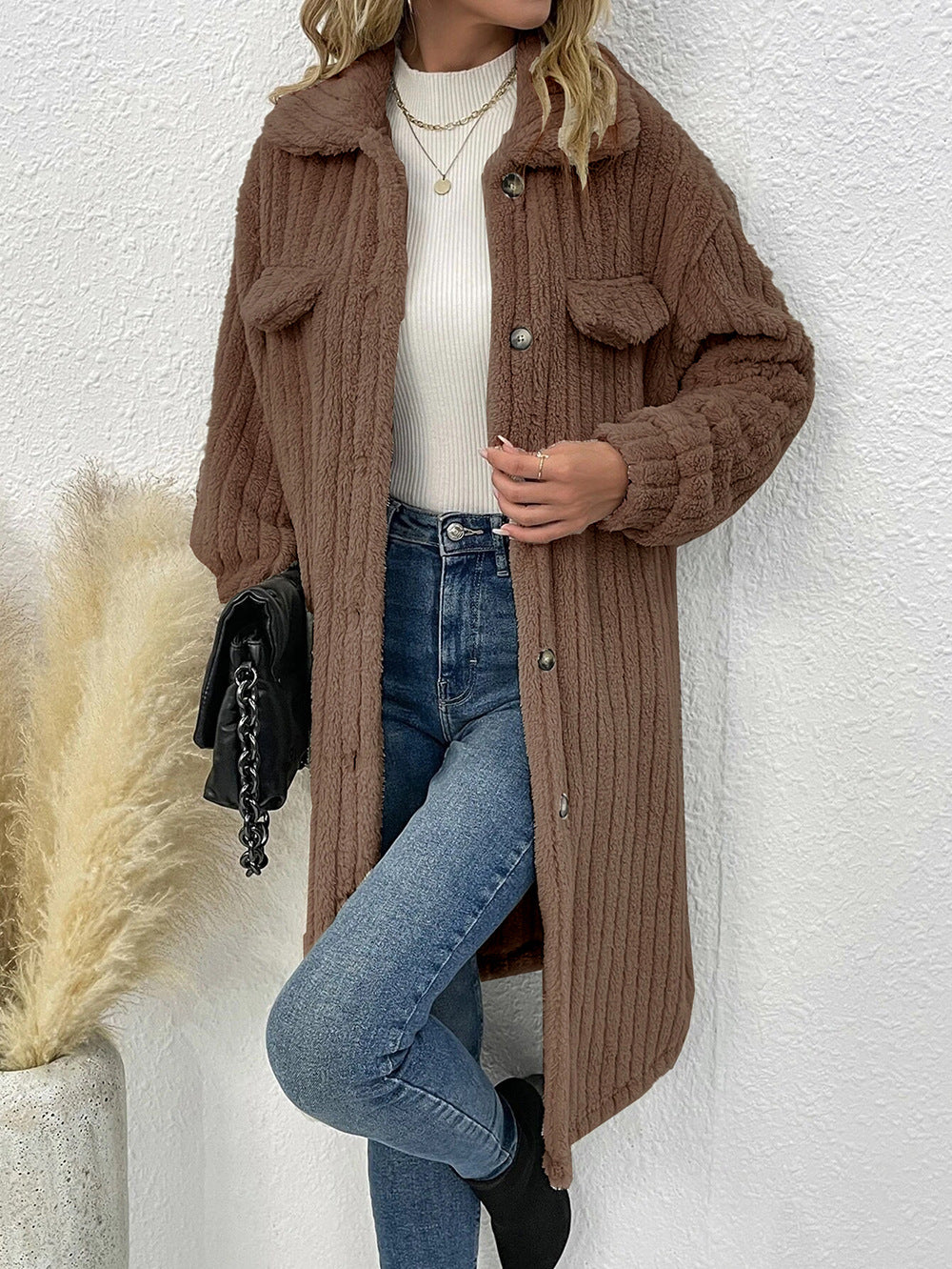 Buttoned Long Teddy Coat for Cozy Comfort