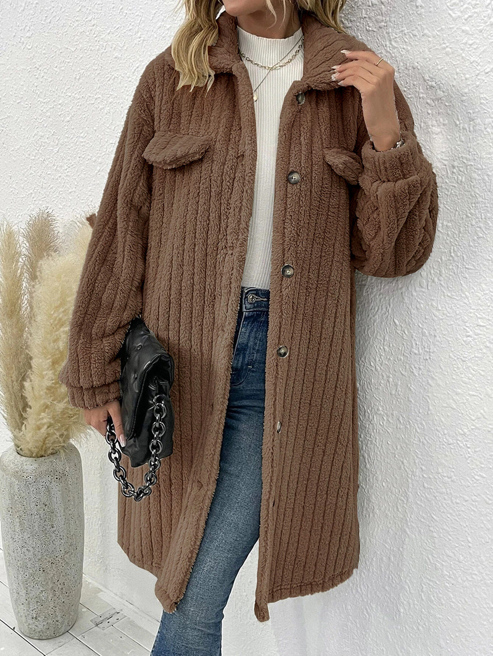 Buttoned Long Teddy Coat for Cozy Comfort