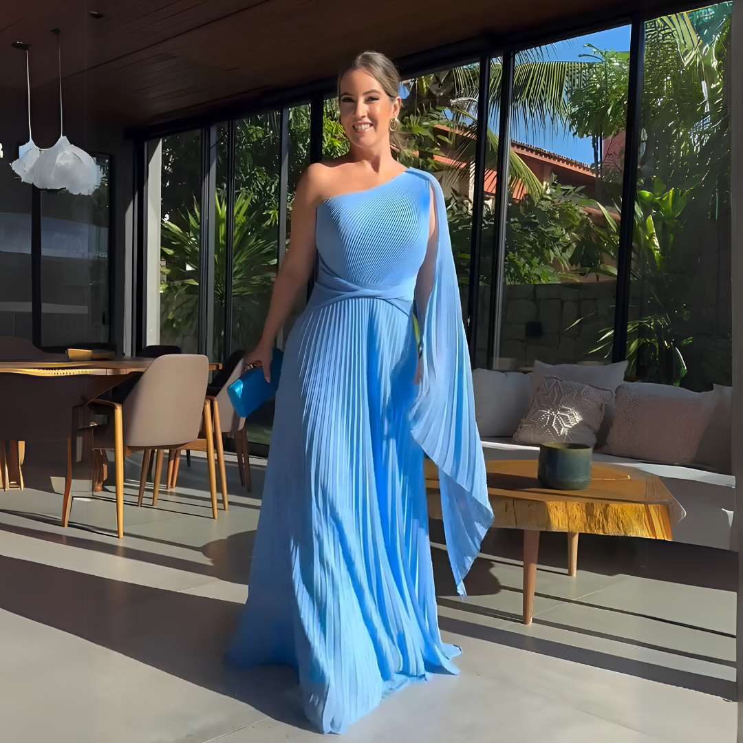 Asymmetrical Pleated Maxi Dress with Side Cape for Elegant Movement