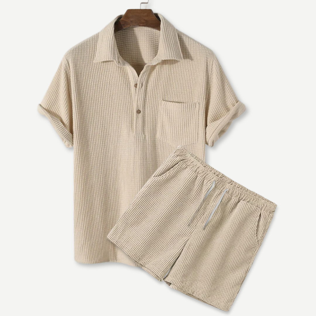 Waffle Knit Polo Shirt and Shorts Set