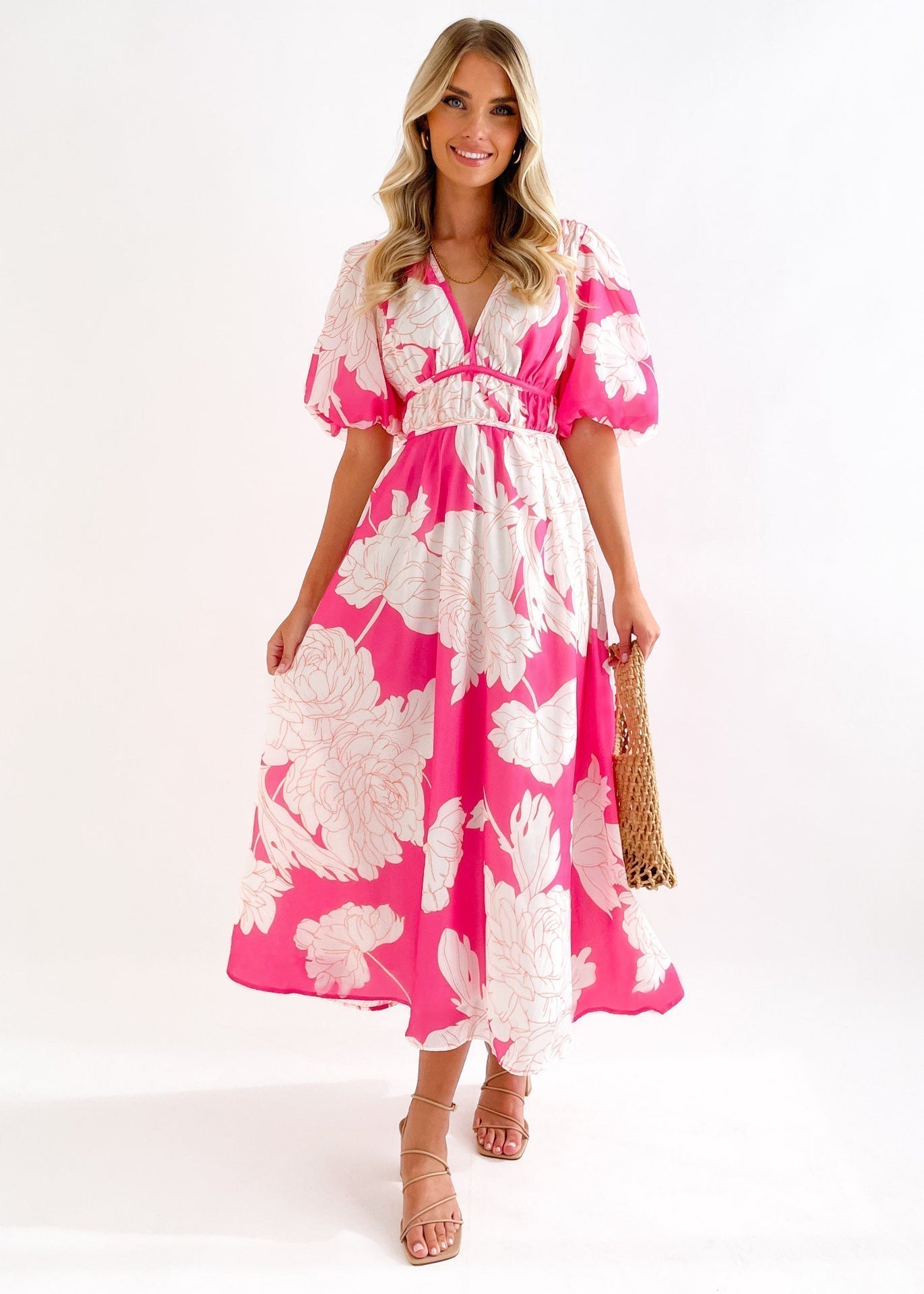 V-Neck Long Dress with Puff Sleeves for Elegant Style
