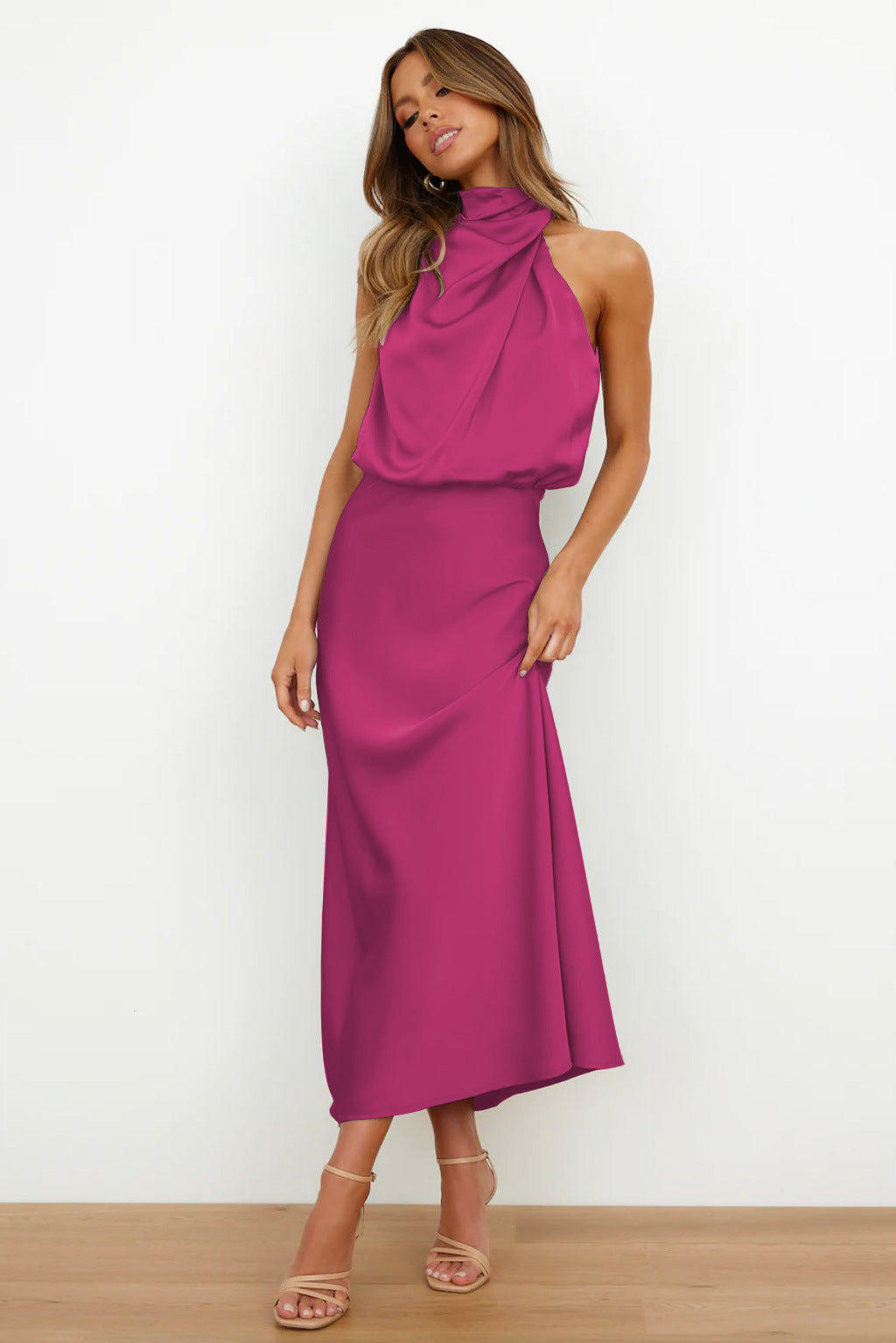 Halter Neck Long Satin Dress for Elegant Evening Wear