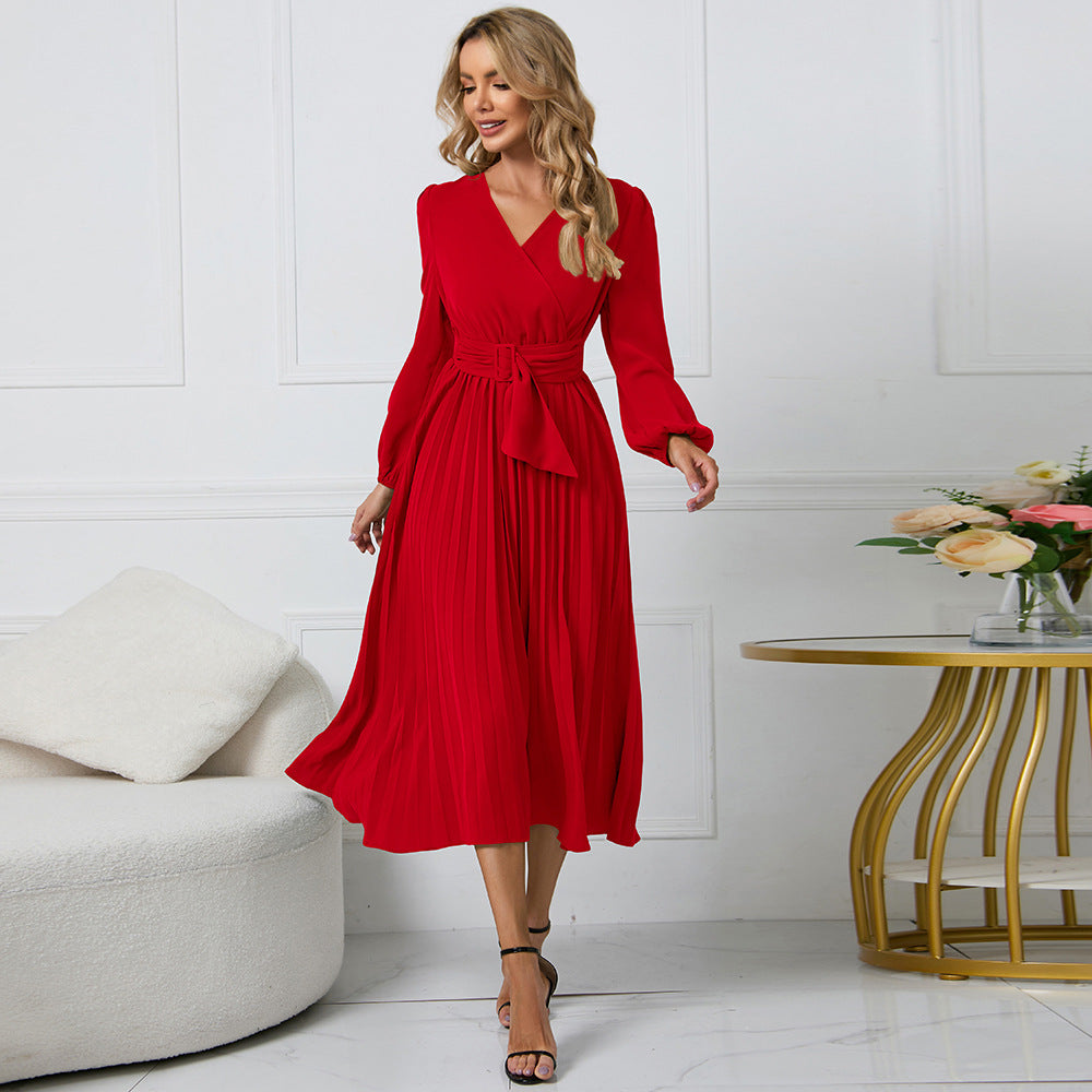 V-Neck Pleated Midi Dress for Effortless Elegance