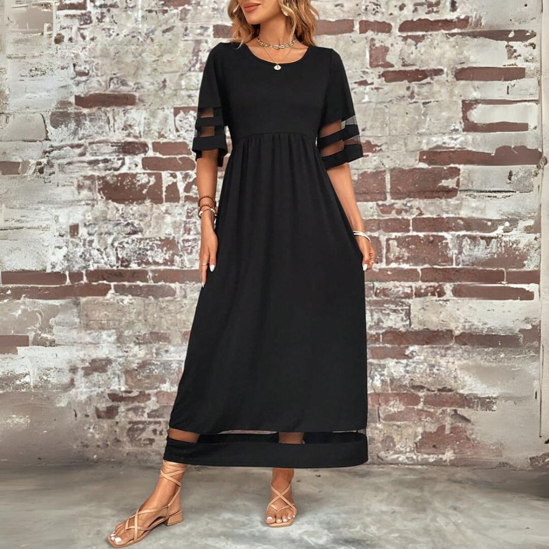 Elegant Maxi Dress with Sheer Sleeves - Luna Design