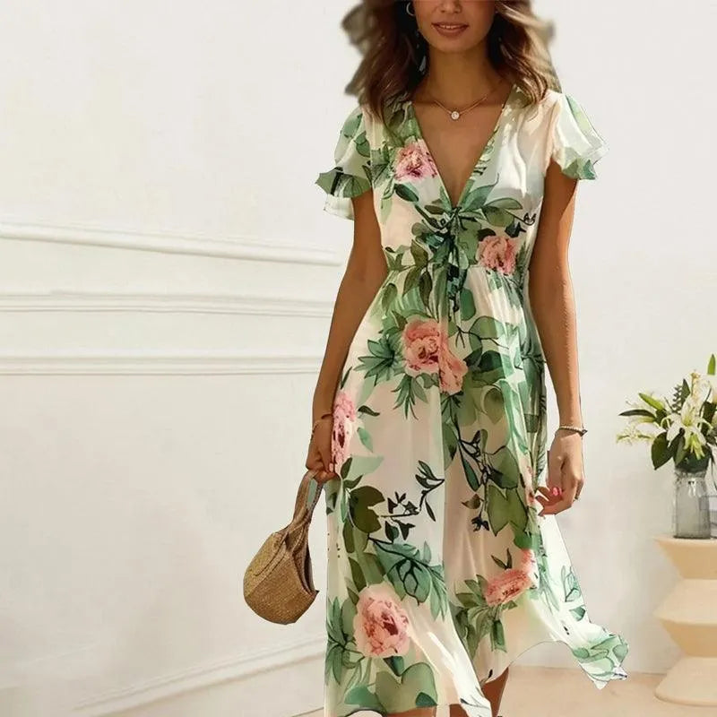 Green Floral Midi Dress for Women – Elegant Design