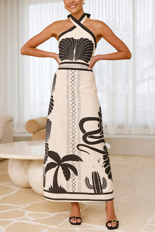 Palm Canyon Print Crossed Halter Maxi Dress